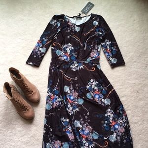 LBisse black and blue floral midi dress.  NWT.